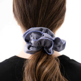 B2B retail ruffle scrunchie luxury organic cotton satin silk texture hair accessories #color_blue-granite