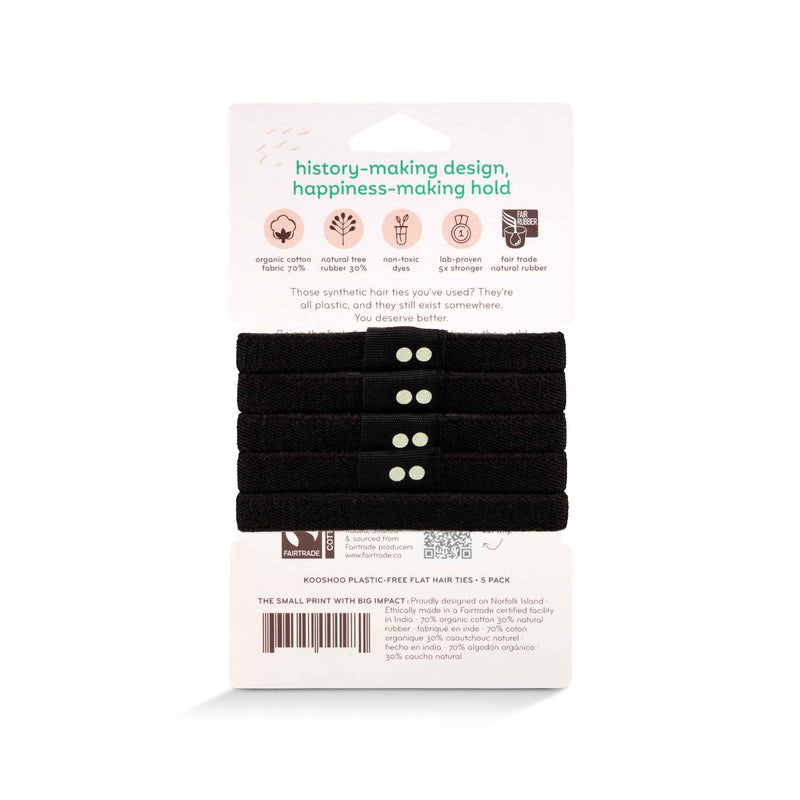 Wholesale B2B plastic-free black hair tie 5-pack that are 100% biodegradable and organic. Small acts creating big impact. Fairtrade certified and ethically manufactured #color_black