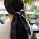 Organic Satin bow Scrunchie that is 3 products in 1: soft as silk bow, petite scrunchie, ribbon headscarf #color_black