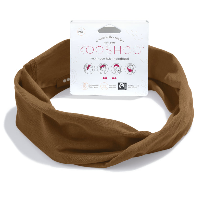 KOOSHOO organic twist headband in cocoa brown on-packaging. Consciously created sustainably designed headband with multi-use design #color_cocoa-brown