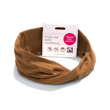 KOOSHOO organic twist headband in cocoa brown on-packaging. Consciously created sustainably designed headband with multi-use design #color_cocoa-brown