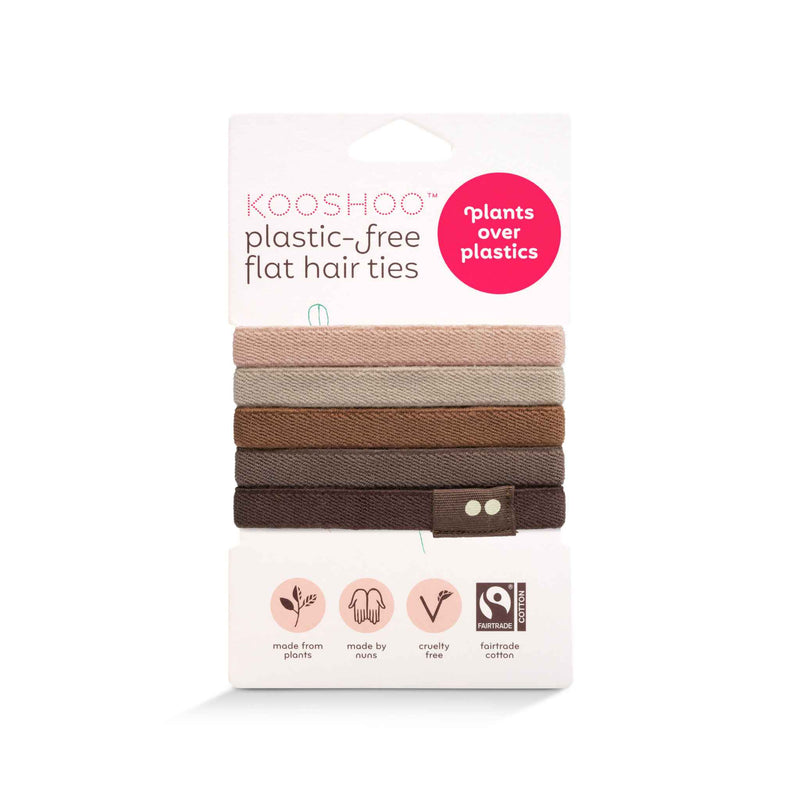 wholesale b2b plastic-free hair tie 5-pack in earth tints. Certified organic and 100% biodegradable and in 100% recycled paper packaging #color_earth-tints