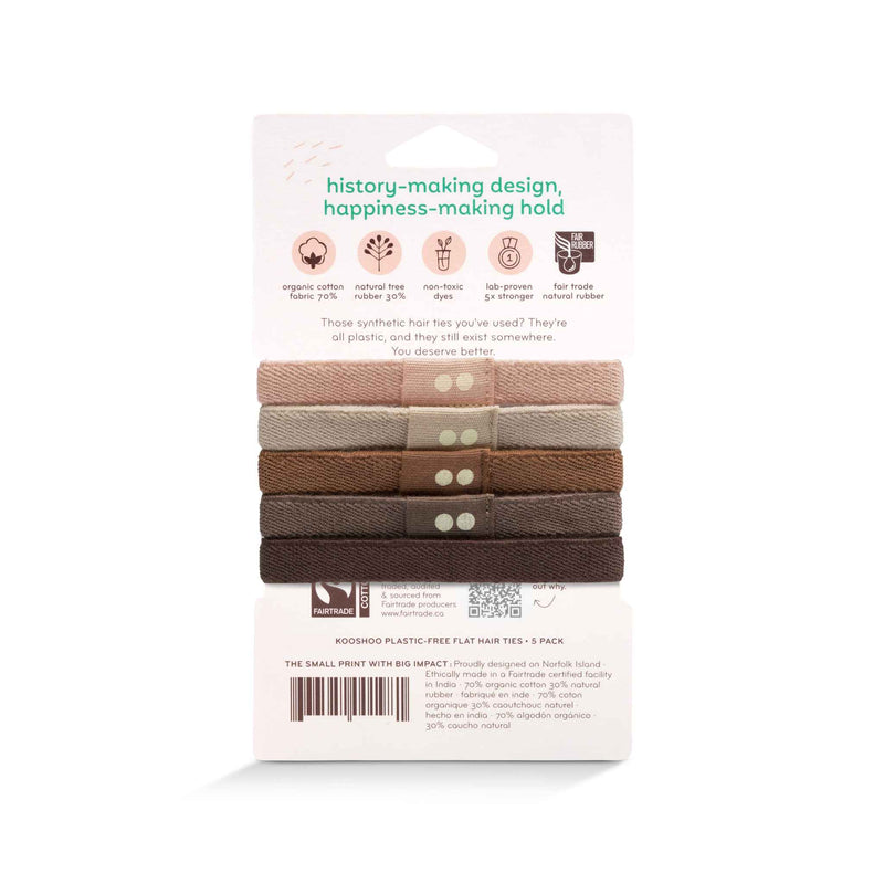 wholesale B2B hair elastics - plastic-free hair tie 5-pack in earth tints. Certified organic and 100% biodegradable and in 100% recycled paper packaging #color_earth-tints