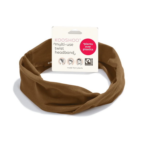 KOOSHOO organic twist headband in cocoa brown on-packaging. Consciously created sustainably designed headband with multi-use design #color_cocoa-brown