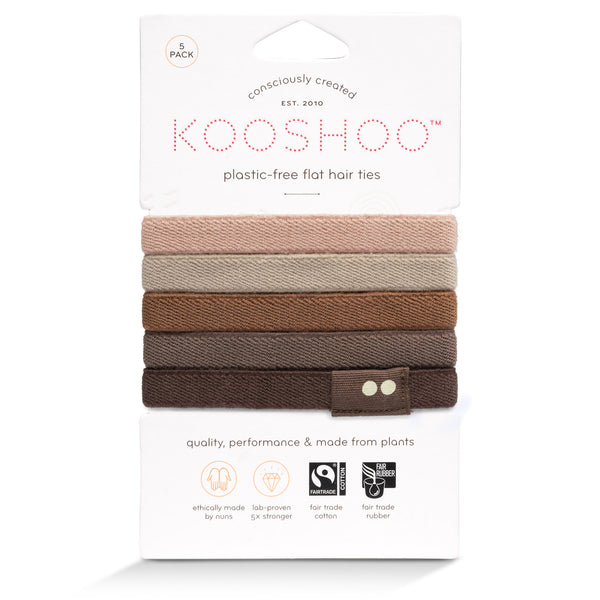 KOOSHOO plastic-free hair tie 5-pack in earth tints. Certified organic and 100% biodegradable and in 100% recycled paper packaging #color_earth-tints