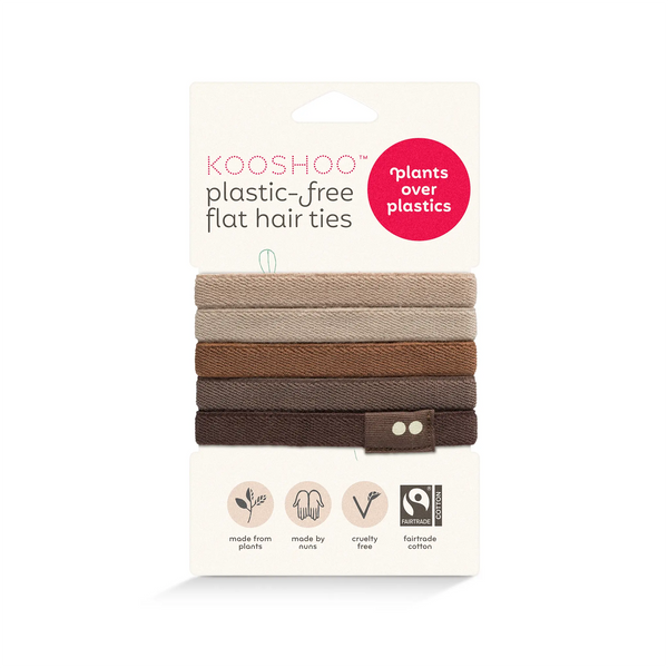 KOOSHOO plastic-free hair tie 5-pack in earth tints. Certified organic and 100% biodegradable and in 100% recycled paper packaging #color_earth-tints