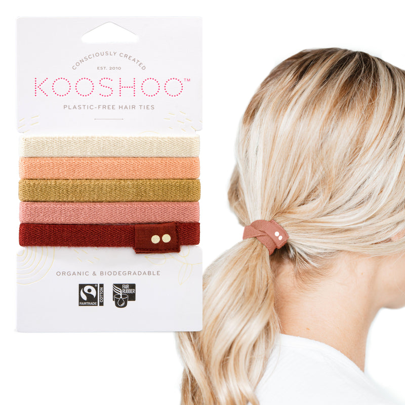 KOOSHOO plastic-free hair elastics for red heads. Ginger hair ties with dark red, light pink, coffee light brown, apricot/ light orange and white #color_ginger