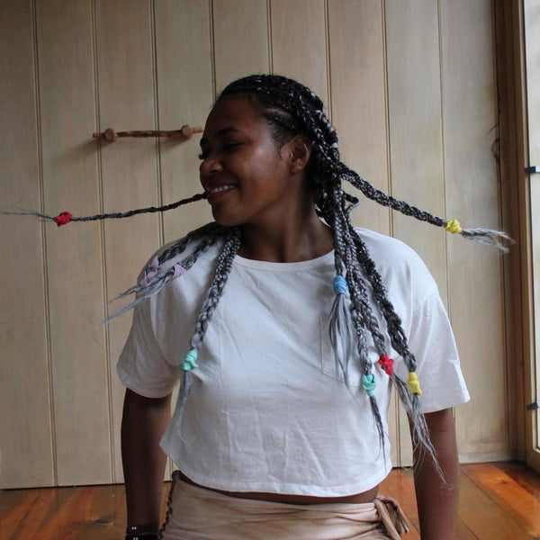 KOOSHOO plastic-free hair ties in rainbow in corn rows/ braids #color_rainbow