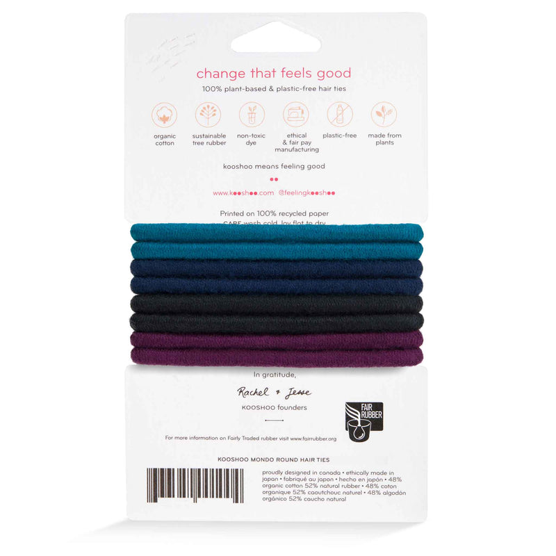 Back-package Image of KOOSHOO plastic-free round hair ties mondo 8 pack dark hues	#color_dark-hues