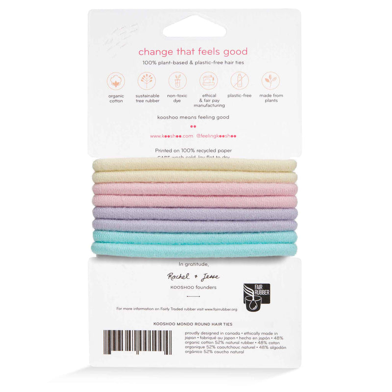 Back-package Image of KOOSHOO plastic-free round hair ties mondo 8 pack pastel blooms	#color_pastel-blooms