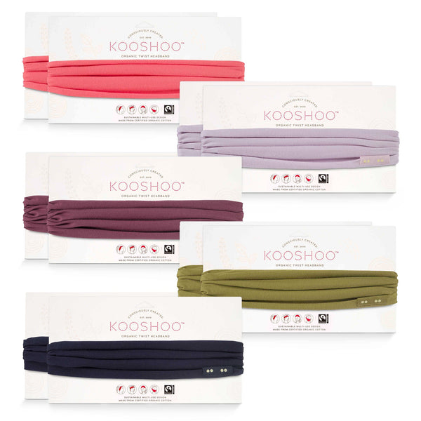 KOOSHOO twist headbands combo pack of midnight blue, lavender glow, sugar coral, wild ginger and willow green #color_twist-headbands-combo-1